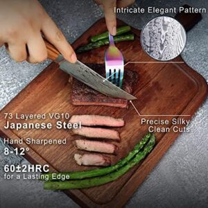 Discover 6-piece steak knives with super-sharp Damascus steel and rust-resistant handles. Perfect for any meat lover, these knives come in a gift box with olive wood handles and non-serrated edges, ideal for precise cuts.