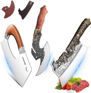 "Boost your outdoor cooking experience with the Viking Effort Saving Chef Knife Set, featuring a sharp cleaver and boning knife. Perfect for camping, BBQs, or everyday kitchen use."