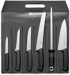 "Sharpen your culinary skills with F. DICK's ProDynamic Starter Set, featuring 6 ultra-sharp knives and ergonomic handles. Perfect for any kitchen, this versatile kit is NSF Certified, made in Germany."