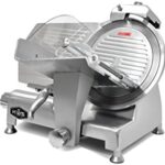 Discover the KWS Metal Collection 420W commercial meat slicer featuring anodized aluminum base and stainless steel blade, perfect for home or professional use. Ideal for slicing frozen meats, cheeses, and more.