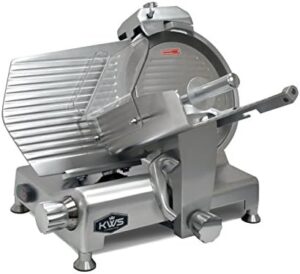 Discover the KWS Metal Collection 420W commercial meat slicer featuring anodized aluminum base and stainless steel blade, perfect for home or professional use. Ideal for slicing frozen meats, cheeses, and more.