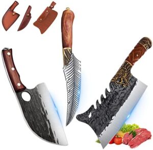 Discover the Japanese Feather Viking Dragon Boning Cleaver Serbian Chef Knife Set, forged in fire and perfect for outdoor camping, BBQ, or a unique Christmas gift. Sharpens well, durable sheath included.