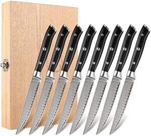 "Sharpen your dining experience with this 8-piece steak knife set, featuring Damascus VG10 steel blades and triple riveted handles. Includes wooden case storage."