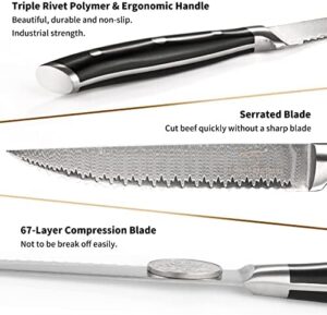 "Sharpen your dining experience with this 8-piece steak knife set, featuring Damascus VG10 steel blades and triple riveted handles. Includes wooden case storage."