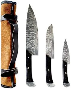 Discover a premium kitchen knife set for the discerning chef. Includes 8" chef's knife, 5" santoku, and 3.5" paring knives with black handles. Forged for durability, perfect for slicing, dicing, and mincing.
