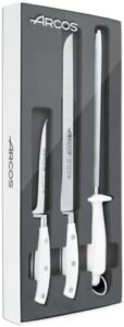 Here is the meta description:

"Elevate your cooking experience with Arcos Forged 3-piece kitchen knife set featuring Nitrum stainless steel blades and ergonomic POM handles. Perfect for professional chefs and home cooks alike, this set includes 755g knives in white."