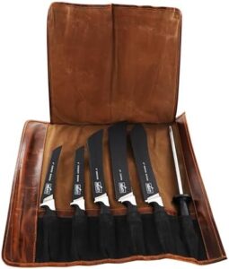 Store up to 6 knives in this durable and stylish organizer featuring waxed canvas and leather construction, perfect for chefs and butchers looking for a compact and practical knife storage solution.