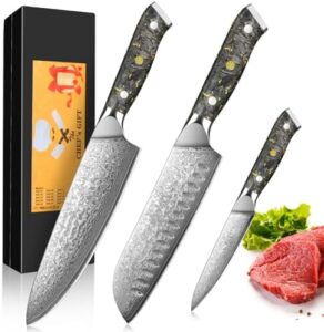 Discover the Kuwata 3PCS Professional Damascus Black Gold Series VG10 Damascus Steel Kitchen Knife Set, featuring ergonomic G10 handles and sharp blades. Perfect for home cooks and pros alike!