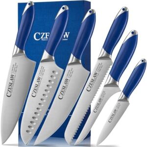 "Elevate your cooking experience with this 6-piece chef's knife set. Forged from high-carbon German steel and featuring ergonomic Prussia blue handles, this Japanese-inspired set is perfect for any kitchen."