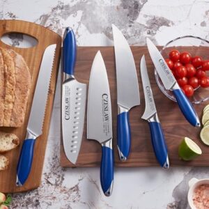 "Elevate your cooking experience with this 6-piece chef's knife set. Forged from high-carbon German steel and featuring ergonomic Prussia blue handles, this Japanese-inspired set is perfect for any kitchen."
