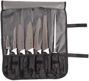 "Sharpens your cooking skills with the Mercer Culinary Millennia 8-Piece Knife Roll Set. Includes white handled knives and a compact storage case for easy organization."