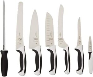 "Sharpens your cooking skills with the Mercer Culinary Millennia 8-Piece Knife Roll Set. Includes white handled knives and a compact storage case for easy organization."