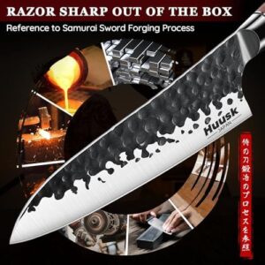 Discover the Huusk Japanese Chef Knife Set 6 pcs, featuring high carbon steel blades and ergonomic wood handles. Includes gift box perfect for men. Perfect your cooking skills with this sharp knife set.