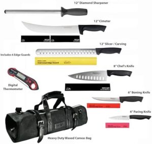 Elevate your BBQ game with Ergo Chef's 14pc. Ultimate Competition Set, featuring chef-grade knife, slicer, and boning tools, plus edge guards, thermometer, sharpener, and durable bag for effortless transport.