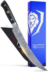 "Experience the precision and sharpness of the Dalstrong Butcher Knife with its AUS-10V super steel blade, G10 handle, and vacuum-treated construction. Perfect for BBQ enthusiasts and meat slicers alike."