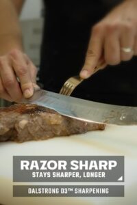 "Experience the precision and sharpness of the Dalstrong Butcher Knife with its AUS-10V super steel blade, G10 handle, and vacuum-treated construction. Perfect for BBQ enthusiasts and meat slicers alike."