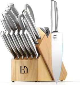 Discover the ultimate kitchen companion: this 14-piece knife set features ultra-sharp Japanese high-carbon stainless steel blades, a built-in sharpener, and a block for effortless storage. Perfect for home cooks and professionals alike!