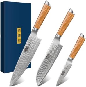 "Elevate your culinary experience with this premium 3-piece Damascus kitchen knife set. Includes ultra-sharp chef, santoku and paring knives made from VG-10 steel with ergonomic handles. Perfect for home or professional chefs looking to upgrade their cooking skills."