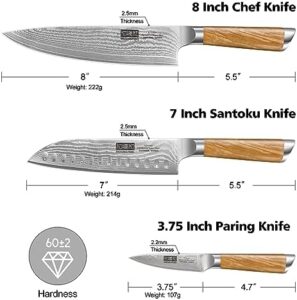 "Elevate your culinary experience with this premium 3-piece Damascus kitchen knife set. Includes ultra-sharp chef, santoku and paring knives made from VG-10 steel with ergonomic handles. Perfect for home or professional chefs looking to upgrade their cooking skills."