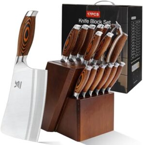 Discover the ultimate knife block set for any kitchen, featuring 17 precision-crafted pieces and a sturdy wooden base. Perfect for gifting or personal use, with German steel blades for exceptional cutting performance.