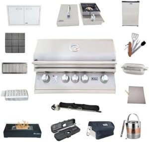 "Upgrade your outdoor cooking experience with the Lion Premium Grills L75000 bundle featuring a 32-inch grill, single side burner, and 4.5-cubic refrigerator, plus additional accessories like trays, rotisserie baskets, and more."