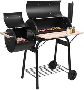 Cook up a backyard BBQ extravaganza with this Outdoor Charcoal Grill & Offset Smoker, featuring high temperature spray paint and durable plastic wheels. Perfect for camping adventures!