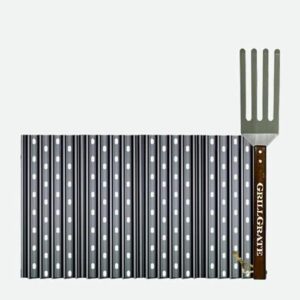 Here is the generated SEO meta description:

"Upgrade your grilling experience with GrillGrate's 4-panel set, featuring interlocking design and GrateTool included. Perfect for gas, charcoal, pellet, or Kamado grills."