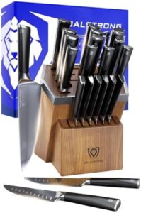 Discover the ultimate Dalstrong Vanquish Series knife set, featuring 24 stainless steel knives with block and kitchen scissors. Forged from high-carbon German steel, this NSF-certified set includes POM black handles, perfect for men's Valentine's gifts.