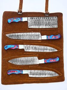 "Upgrade your kitchen with this premium 5-piece handmade Damascus steel chef knife set, featuring a leather storage roll and professional-grade quality for precise cooking results."