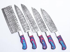 "Upgrade your kitchen with this premium 5-piece handmade Damascus steel chef knife set, featuring a leather storage roll and professional-grade quality for precise cooking results."