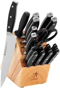 Discover the Henckels Forged Premio 18-piece knife block set, featuring high-carbon stainless steel blades and a comfortable storage block. Perfect for home cooks and professional chefs alike, with discounts available on this premium collection.