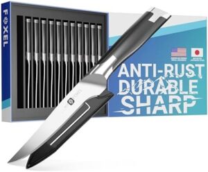 Here is the optimized SEO meta description:

"Upgrade your cooking experience with FOXEL's 12-piece steak knife set, featuring razor-sharp blades made from Japanese VG10 steel and a rust-resistant finish. Perfect gift for any chef or foodie!"
