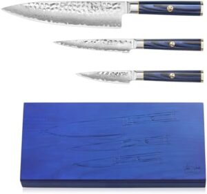 Unlock a culinary experience with Cangshan's KITA Series 3-Piece Starter Knife Set featuring high carbon X-7 Damascus steel blades and an ash wood box. Perfect for beginners and pros alike, this set includes 8" chef, 3.5" paring, and 4.75" serrated utility knives.