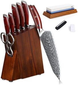 Discover the ultimate kitchen companion: YARENH's 8-piece knife set with block. Features Damascus chef knife, sharp rust-resistant blades and sandalwood handle. Perfect for home cooks and pros alike!