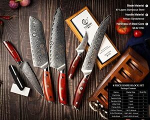 Discover the ultimate kitchen companion: YARENH's 8-piece knife set with block. Features Damascus chef knife, sharp rust-resistant blades and sandalwood handle. Perfect for home cooks and pros alike!