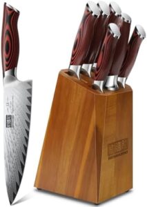 Discover the ultimate cooking companion - this 7-piece kitchen knife set features 67-layer Damascus steel blades paired with ergonomic G10 handles and a built-in sharpener for precise cuts.