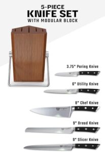 Elevate your cooking experience with the Dalstrong Knife Block Set, featuring 5 premium pieces and a modular design for optimal organization. Includes NSF-certified German high carbon steel blades and ABS black handles.