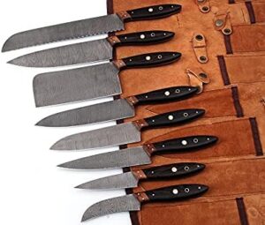 Discover the W Trading Damascus Steel Professional Kitchen Knife Set, featuring 8 hand-forged chef knives, including a butcher cleaver, and a durable leather case with wenge wood handle. Perfect for home cooks and pros alike!