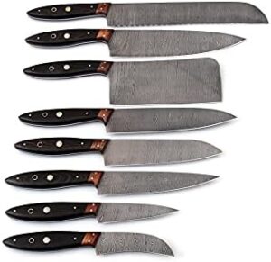 Discover the W Trading Damascus Steel Professional Kitchen Knife Set, featuring 8 hand-forged chef knives, including a butcher cleaver, and a durable leather case with wenge wood handle. Perfect for home cooks and pros alike!