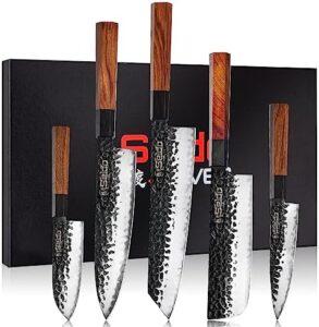 Elevate your cooking experience with Seido Knives' Hageshi AUS10 Knife Set - 5-Piece. Includes carbon magnetic covers, ergonomic ebony wood handle and full tang for superior performance.