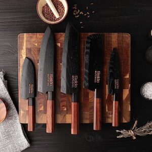 Elevate your cooking experience with Seido Knives' Hageshi AUS10 Knife Set - 5-Piece. Includes carbon magnetic covers, ergonomic ebony wood handle and full tang for superior performance.