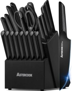 "Enhance your kitchen workflow with the Astercook 21-piece chef knife set. German stainless steel handles and dishwasher-safe design for easy cleaning."