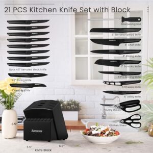 "Enhance your kitchen workflow with the Astercook 21-piece chef knife set. German stainless steel handles and dishwasher-safe design for easy cleaning."
