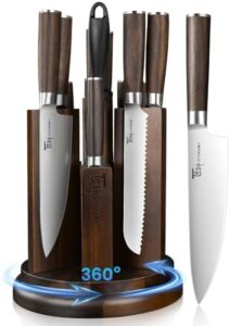 Discover the ultimate kitchen companion: 14-piece knife set with magnetic block and sharpener. Ultra-sharp high-carbon stainless steel knives, steak knives included. Anti-slip ergonomical handle for comfortable grip.