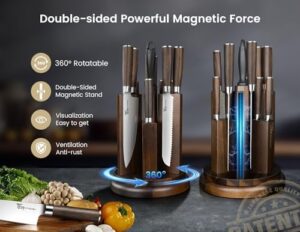 Discover the ultimate kitchen companion: 14-piece knife set with magnetic block and sharpener. Ultra-sharp high-carbon stainless steel knives, steak knives included. Anti-slip ergonomical handle for comfortable grip.