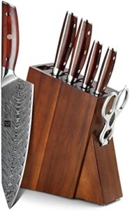 "Upgrade your cooking experience with XINZUO's 7PC kitchen knife set, featuring professional Damascus steel blades and a wooden block. Perfect for home chefs, this ergonomic rosewood handled set includes santoku, bread, utility, and fruit knives with multi-functional shears."