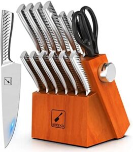 Discover the ultimate kitchen companion - imarku's 14PCS Knife Set! Includes a built-in sharpener for effortless blade maintenance and dishwasher-safe stainless steel construction. Perfect for home cooks and professional chefs alike.