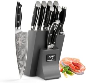 Discover the ultimate chef's companion: NANFANG BROTHERS' 9-piece Damascus kitchen knife set with ergonomic block and sharpener. Boost your cooking skills and save time with this premium bundle, perfect for home chefs.