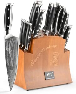 Get razor-sharp results with this 16-Piece Damascus Knife Set featuring VG10 67-Layer Steel, triple-rivet handles, and included sharpener, scissors, steak knives, and meat fork. Perfect for home cooks and chefs.