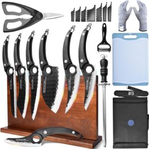 Elevate your kitchen skills with the XYJ One Set All Tasks knife block set. Includes 7 high-carbon steel knives, sharpener, scissors, roll bag, and cutting board for a comprehensive cooking experience.